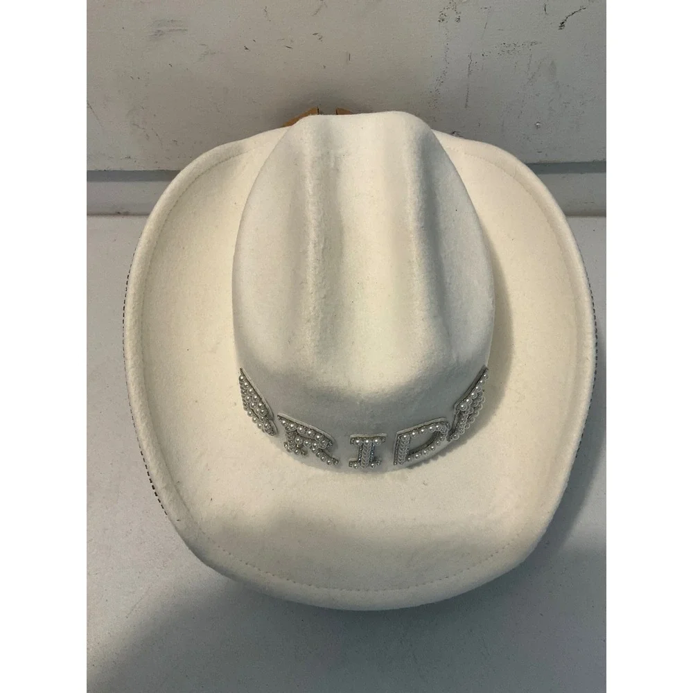White Bride Cowboy Hat Pearl Rhinestone Fringe Bachelorette Party Western Felt